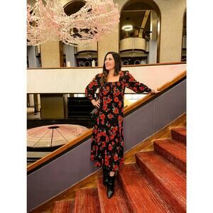 RIXO Black Red Poppy Floral Flowy Airy Yas Midi Dress size Medium